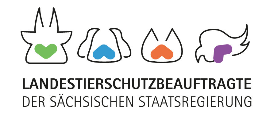 Grafik Logo der Tierschutzbeauftragten: Darstellungen einer Kuh, Hund, Katze und Vogel. Darunter die Schrift »Landestierschutzbeauftragte der Sächsischen Staatsregierung«